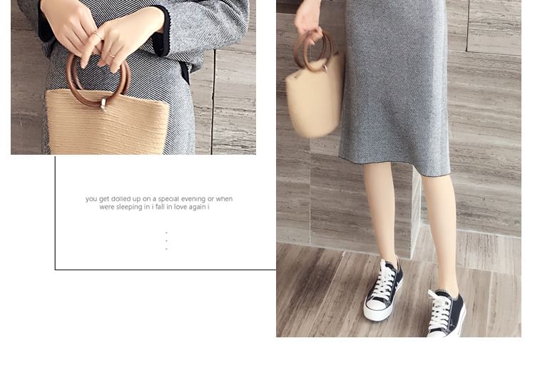 Set: Mock Neck Two Tone Sweater + High Waist Striped Midi Straight Skirt