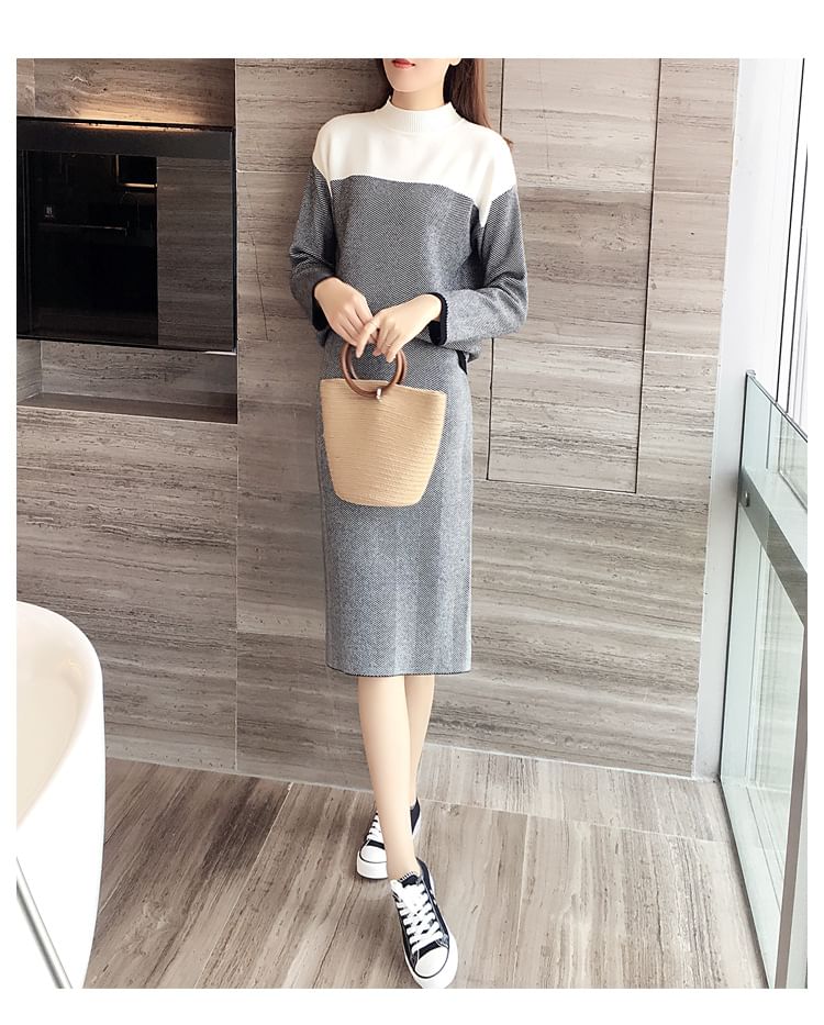 Set: Mock Neck Two Tone Sweater + High Waist Striped Midi Straight Skirt