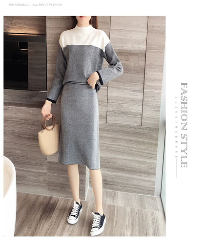 Set: Mock Neck Two Tone Sweater + High Waist Striped Midi Straight Skirt