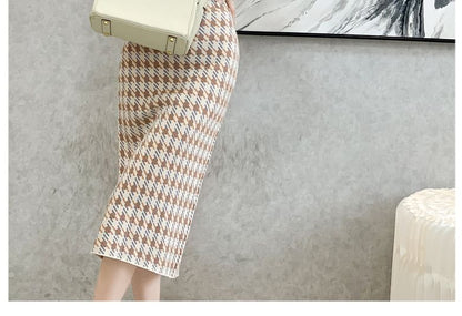 High Waist Houndstooth Midi Pencil Skirt