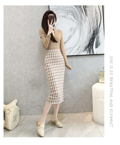 High Waist Houndstooth Midi Pencil Skirt