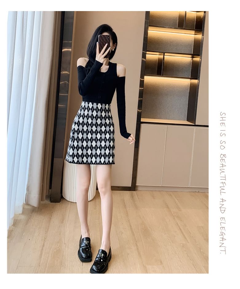 High Waist Argyle Knit Mini A