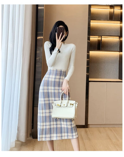 high Waist Plaid Midi Straight Skirt