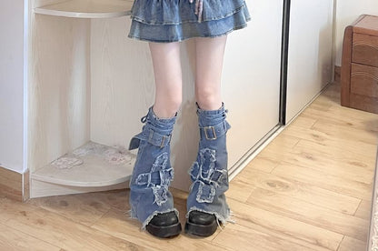 Applique Fringed Trim Buckled Denim Leg Warmers