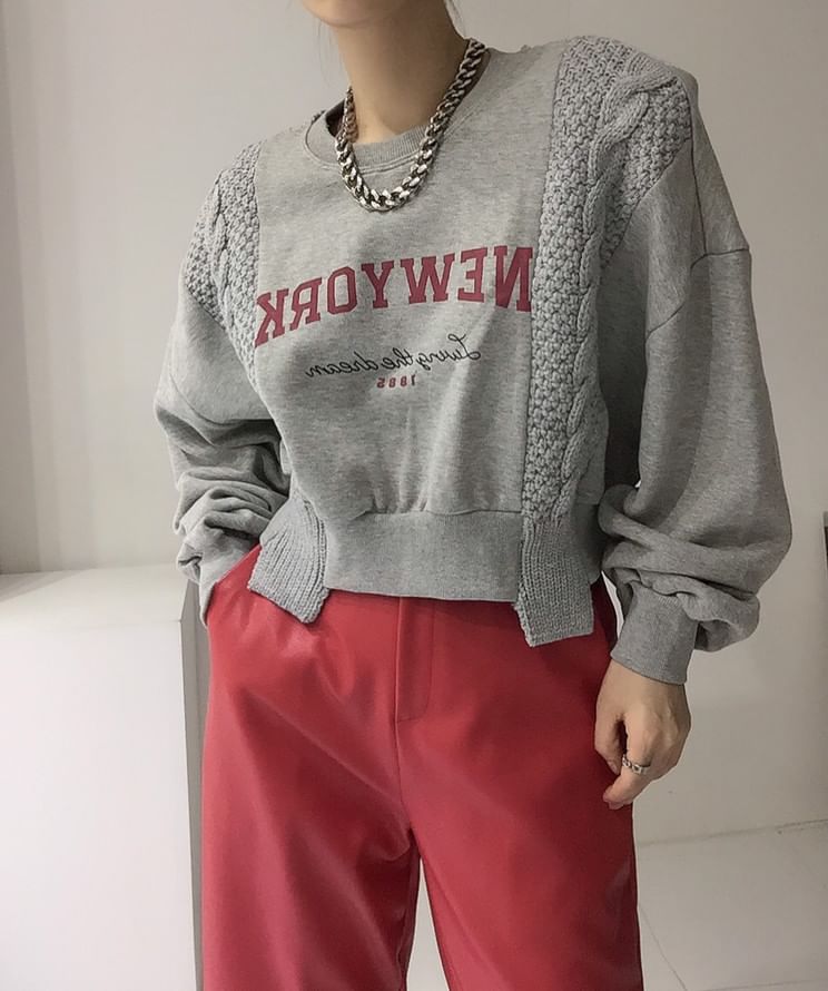 Crew Neck Lettering Asymmetrical Knit Panel Sweatshirt