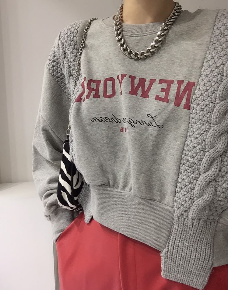 Crew Neck Lettering Asymmetrical Knit Panel Sweatshirt