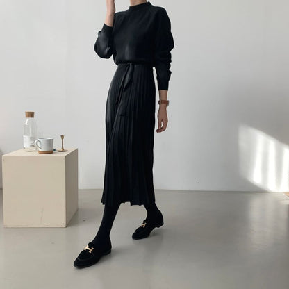 Long-Sleeve Mock Neck Plain Accordion Pleated Midi A-Line Knit Dress