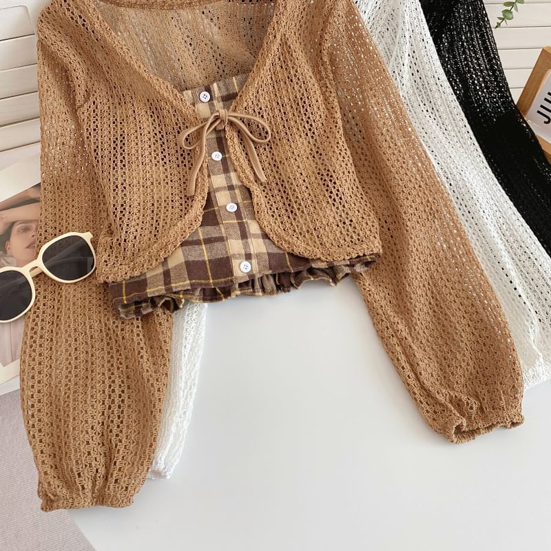 Set: Plaid Ruffled Buttoned Camisole Top + Tie-Front Cardigan