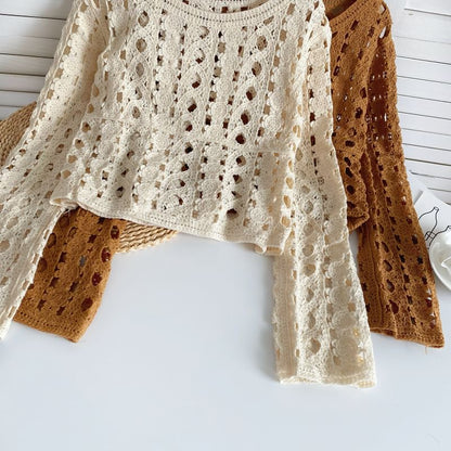 Long-Sleeve Crew Neck Crochet Lace Top