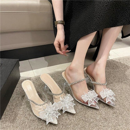 Mules Heel Pointed Rhinestone Kitten Bow