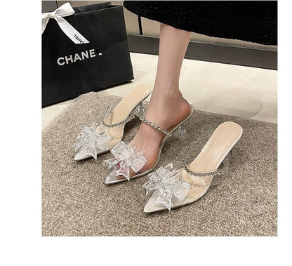 Mules Heel Pointed Rhinestone Kitten Bow
