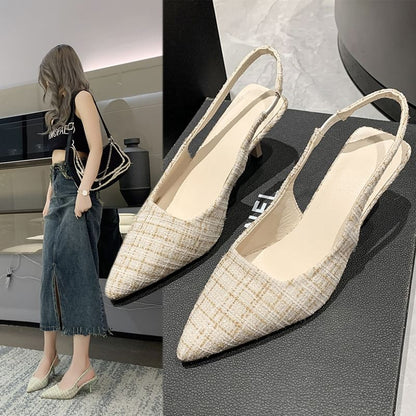 Slingback Plaid Heel Pointed Sandals Kitten