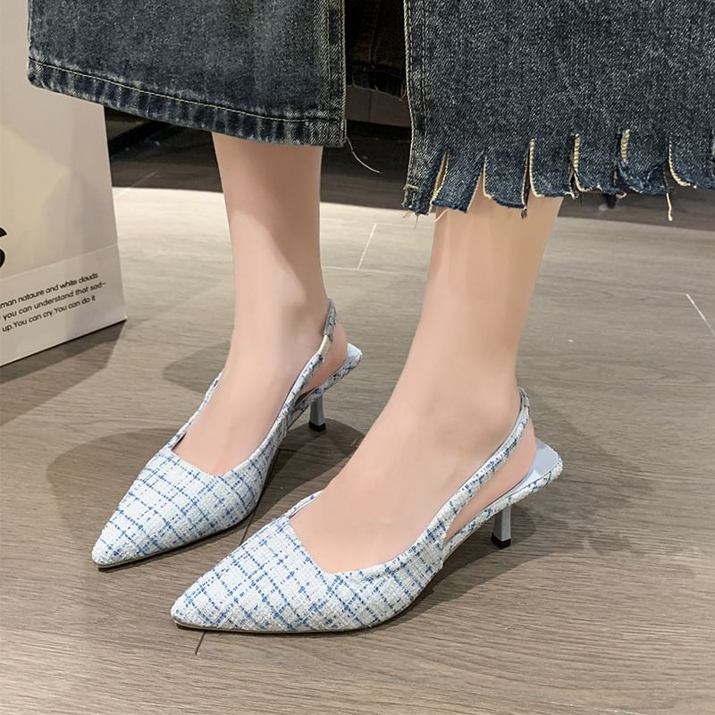 Slingback Plaid Heel Pointed Sandals Kitten
