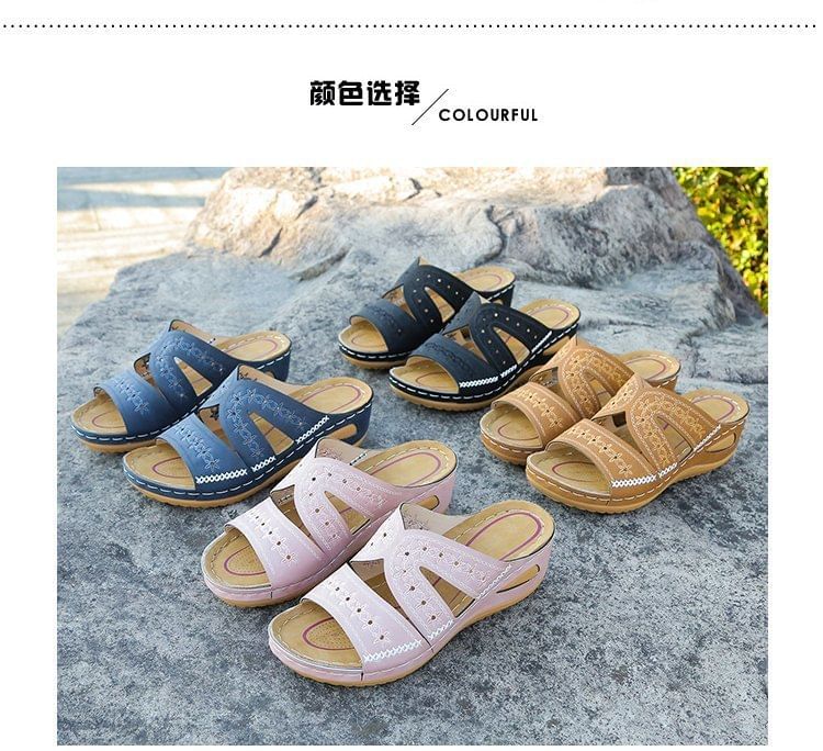 Wedge Embroidered Platform Flower Sandals Slide