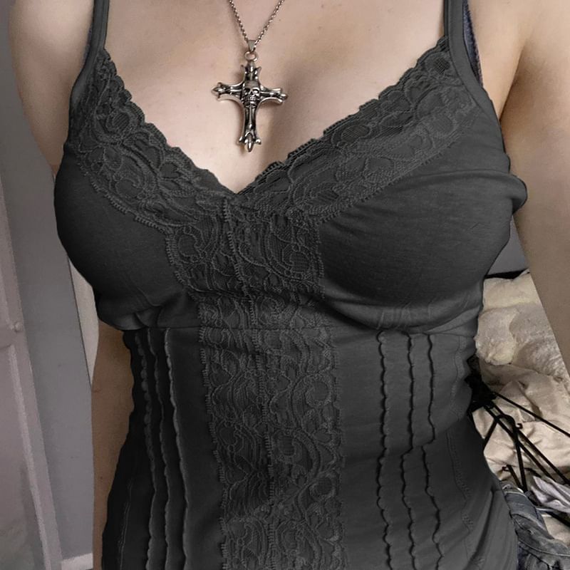 Panel Slim-Fit Camisole Lace V-Neck Top Plain