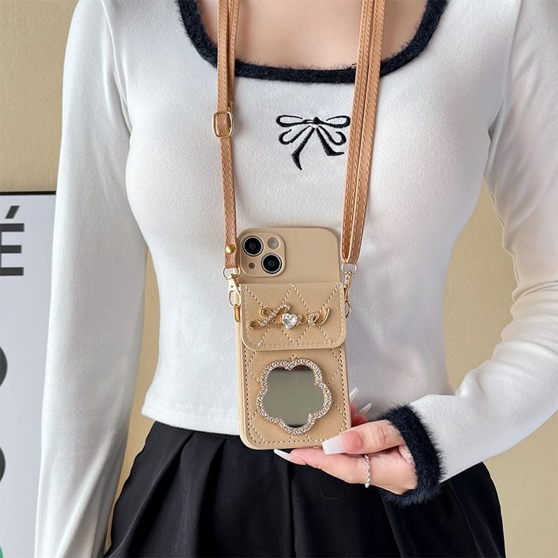 Lettering Mirror Lanyard Phone Case with Card Holder