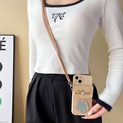 Lettering Mirror Lanyard Phone Case with Card Holder