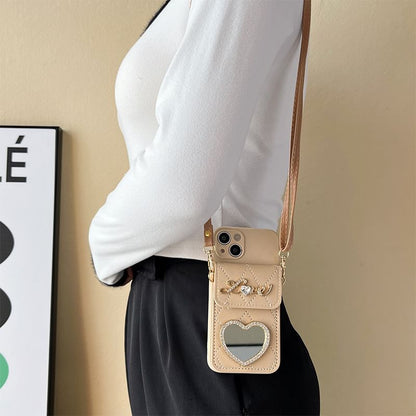 Lettering Mirror Lanyard Phone Case with Card Holder