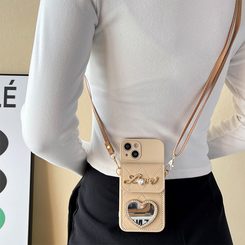 Lettering Mirror Lanyard Phone Case with Card Holder