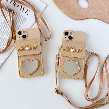 Lettering Mirror Lanyard Phone Case with Card Holder