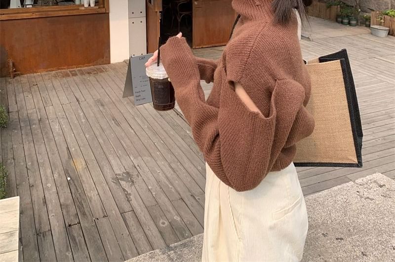 Cold-Shoulder Sweater Turtleneck Loose-Fit Plain