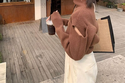 Cold-Shoulder Sweater Turtleneck Loose-Fit Plain