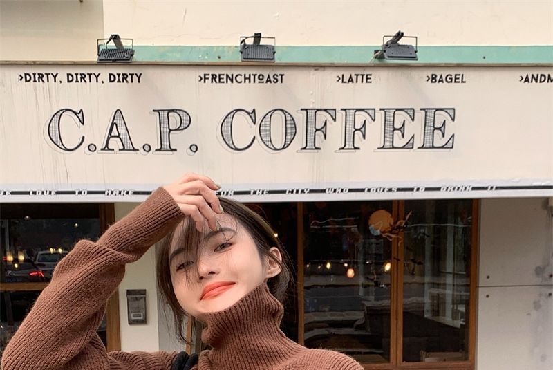 Cold-Shoulder Sweater Turtleneck Loose-Fit Plain