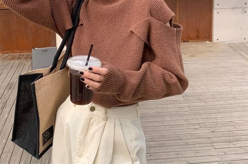 Cold-Shoulder Sweater Turtleneck Loose-Fit Plain