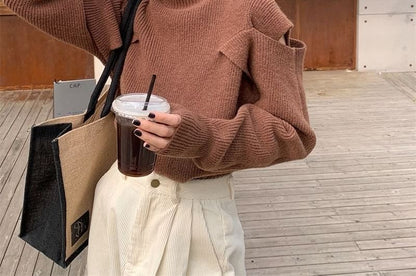 Cold-Shoulder Sweater Turtleneck Loose-Fit Plain