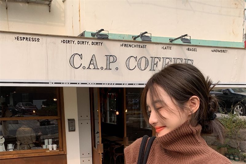 Cold-Shoulder Sweater Turtleneck Loose-Fit Plain