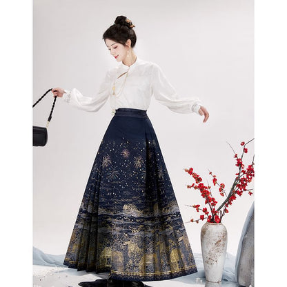 Puff-Sleeve Floral Jacquard Hanfu Top / High Waist Printed Pleated Midi Ma Mian Skirt / Set