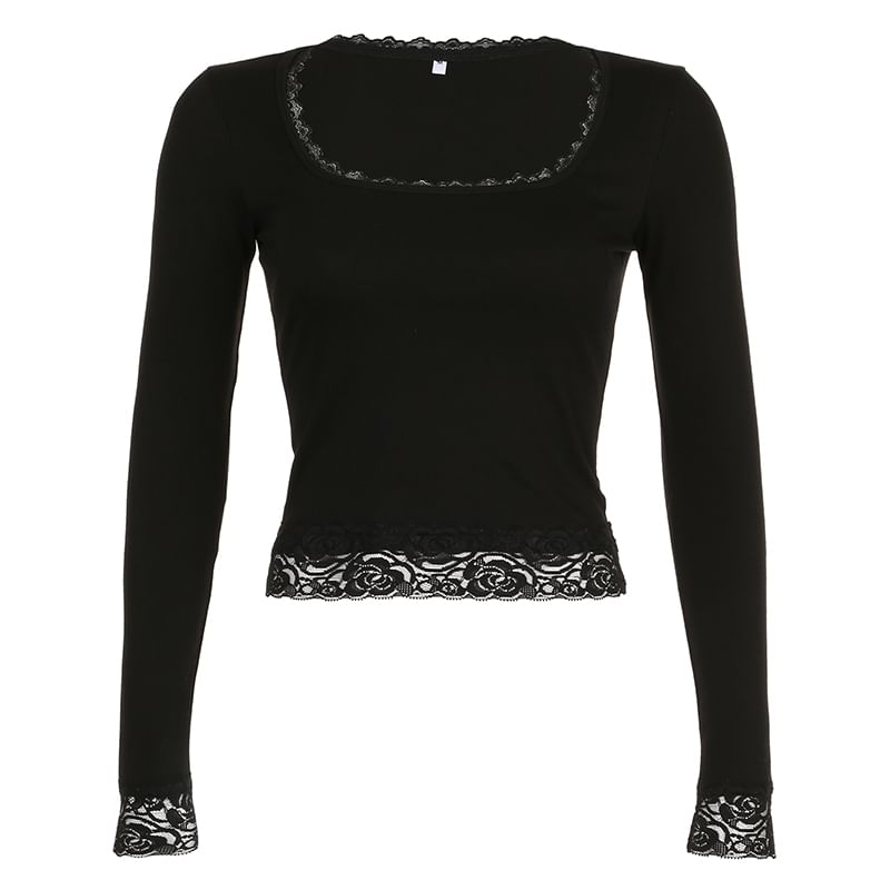 Lace Square-Neck Long-Sleeve Top Cropped