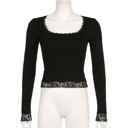 Top Lace Square-Neck Long-Sleeve Cropped