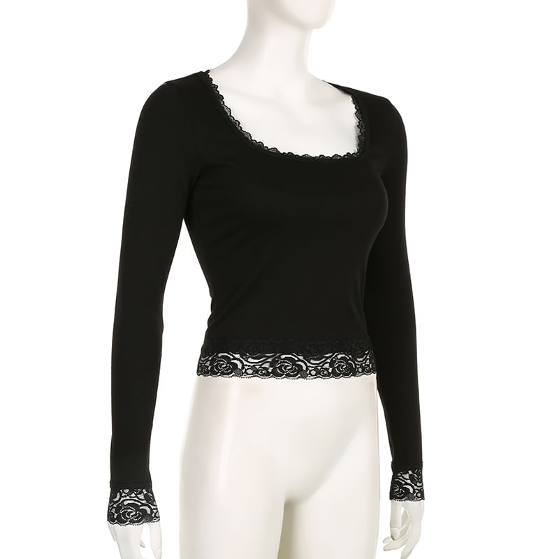 Lace Square-Neck Long-Sleeve Top Cropped