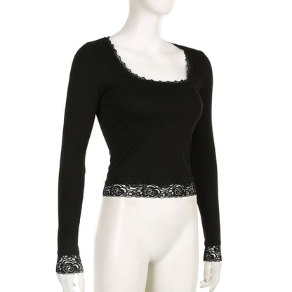 Top Lace Square-Neck Long-Sleeve Cropped