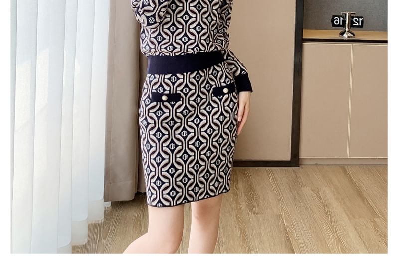 Set: Crew Neck Patterned Sweater + High Waist Mini Pencil Skirt