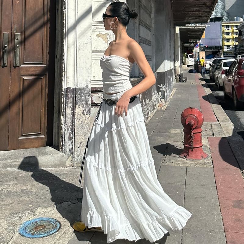 / Plain Tube A-Line Ruffle Skirt Maxi Top Elastic Waist Tiered