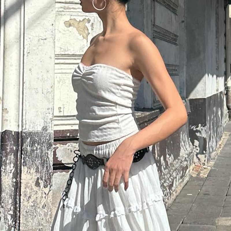 / Plain Tube A-Line Ruffle Skirt Maxi Top Elastic Waist Tiered