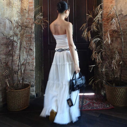 / Plain Tube A-Line Ruffle Skirt Maxi Top Elastic Waist Tiered