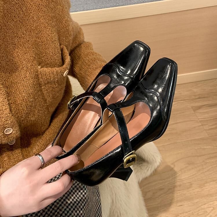 T-Strap Pumps Square Toe Cap