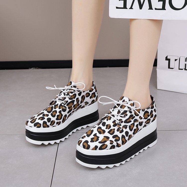 Platform Shoes Lace-Up Leopard Print