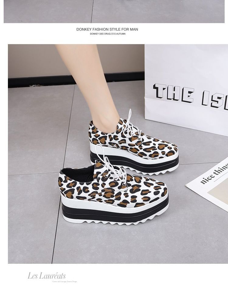 Platform Shoes Lace-Up Leopard Print