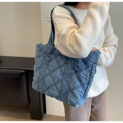 Washed Denim Puffer Tote Bag