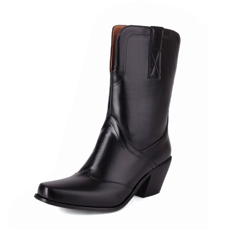 Panel Block Heel Mid Calf Boots