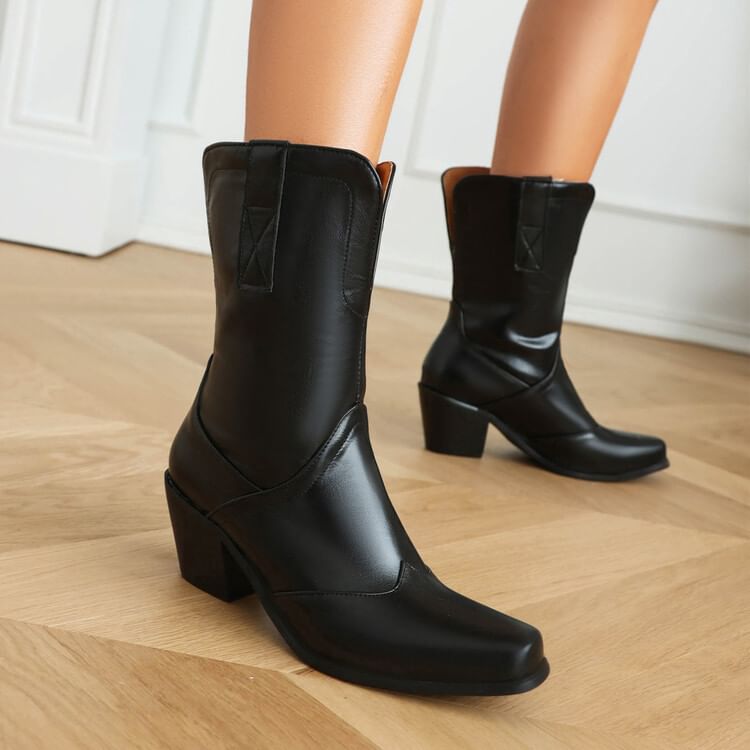 Panel Block Heel Mid Calf Boots