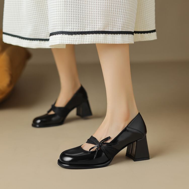 Bow Patent Leather Block Heel Pumps