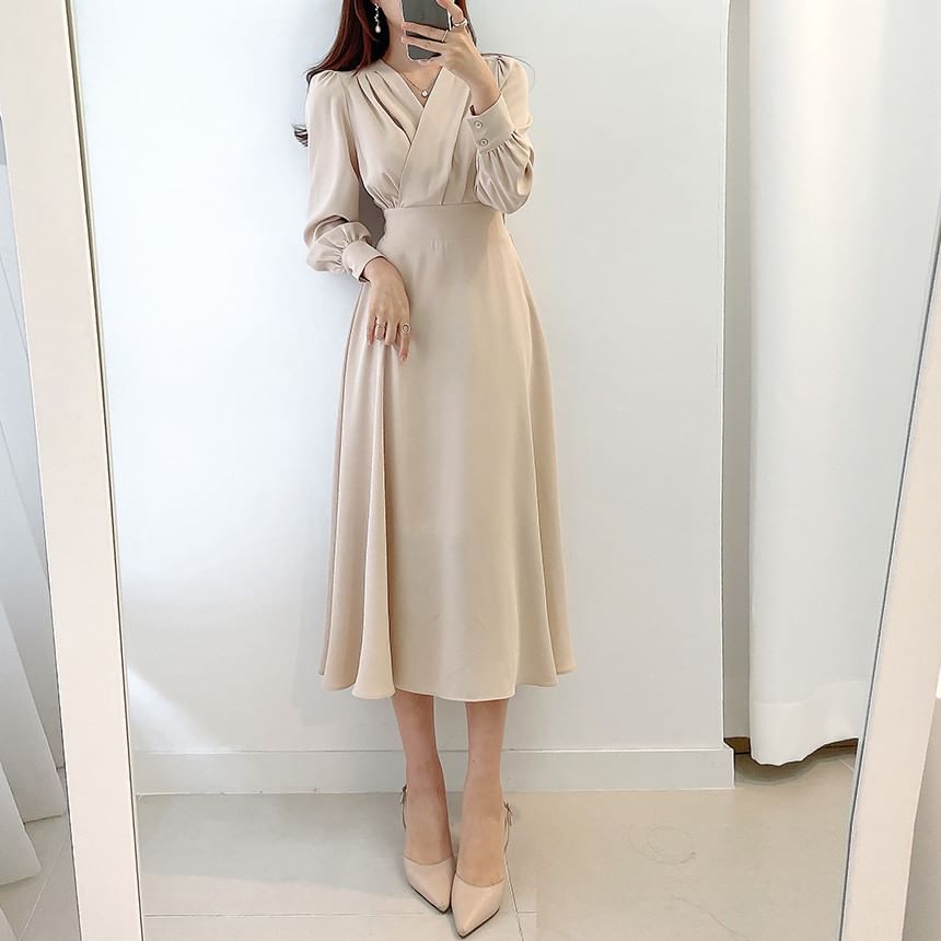 Long-Sleeve V-Neck Plain Midi A-Line Dress