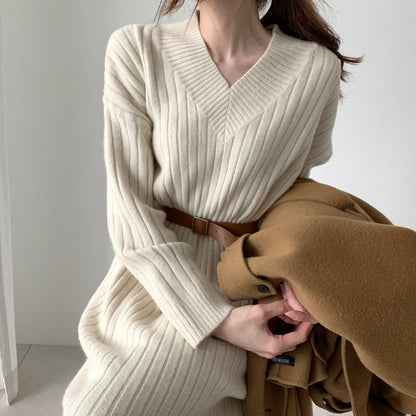 Long-Sleeve V-Neck Plain Ribbed Midi Sweater Dress