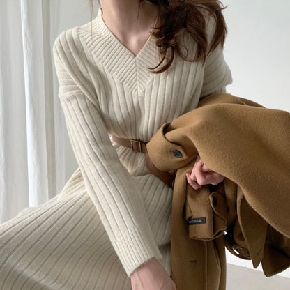 Long-Sleeve V-Neck Plain Ribbed Midi Sweater Dress