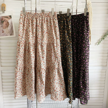 Elastic Waist Floral Tiered Corduroy Midi A-Line Skirt